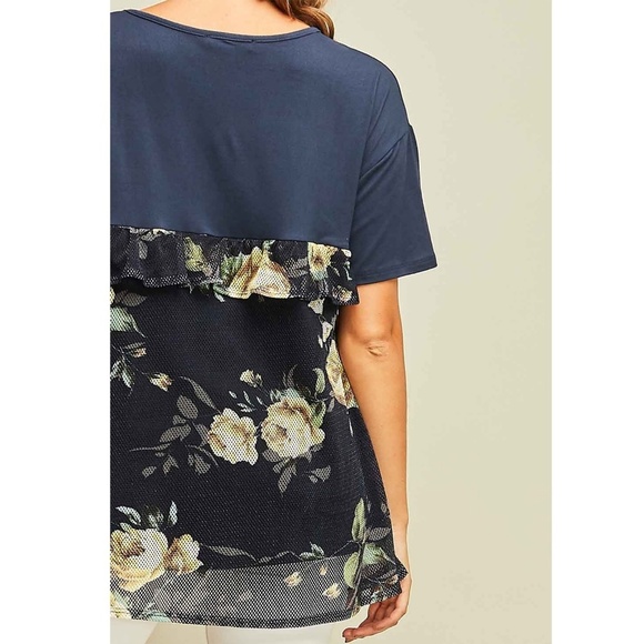 Navy Floral Mesh Ruffle Top - Picture 8 of 8